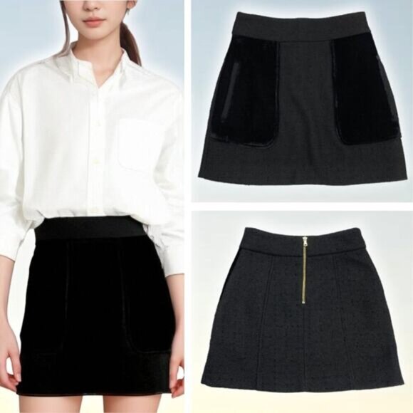 RIVER ISLAND Tweed Velvet Mini Skirt Sz 6 Gold Rear Zip - Picture 1 of 5